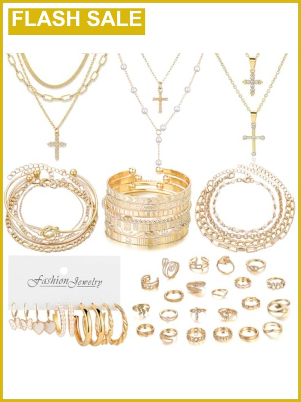 Gold Plated 49pc Jewelry Set Layered Necklaces Bracelets Earrings Rings